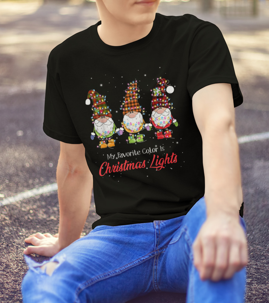 My Favorite Color Is Christmas Lights Gnomies Gnome Buffalo Plaid Trio T-Shirt