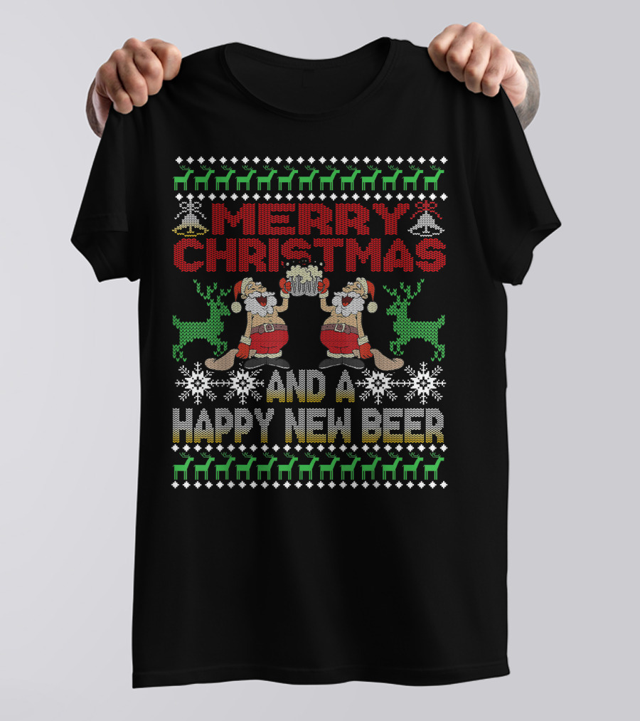 Merry Christmas Happy New Beer Ugly Sweater For Beer Lover With Santa Reindeer T-Shirt
