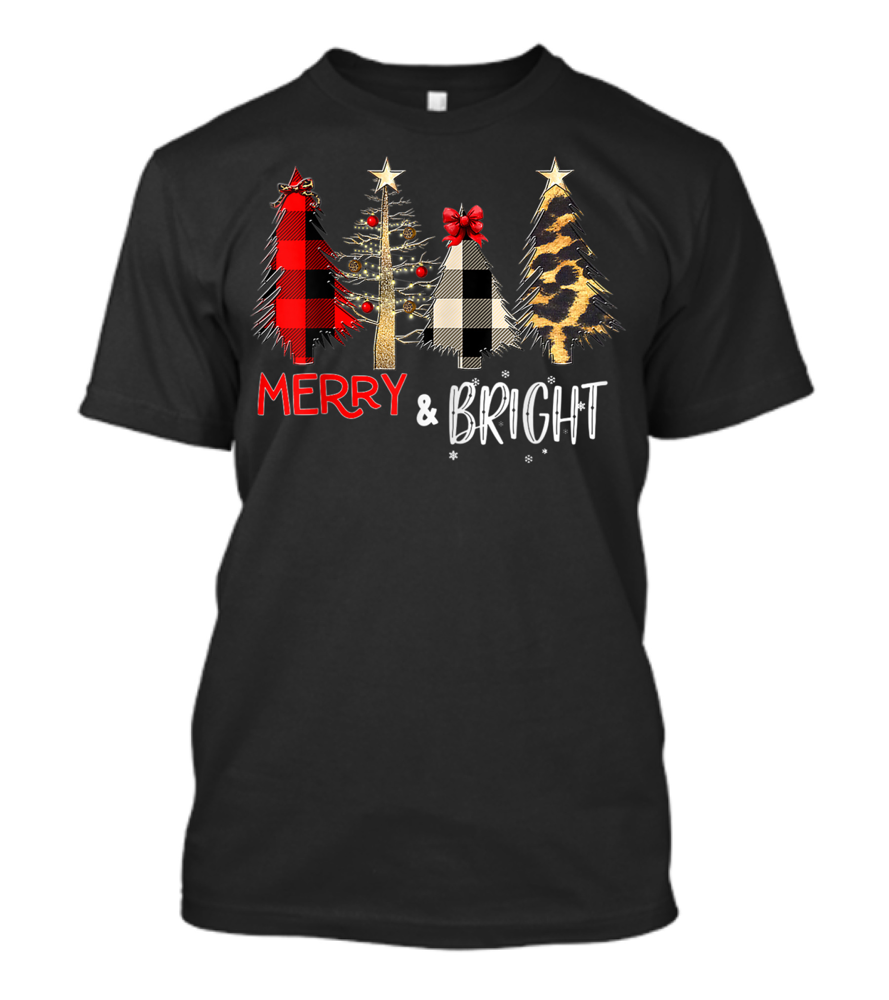 Merry And Bright Christmas Wild Leopard Plaid Trees Xmas T-Shirt