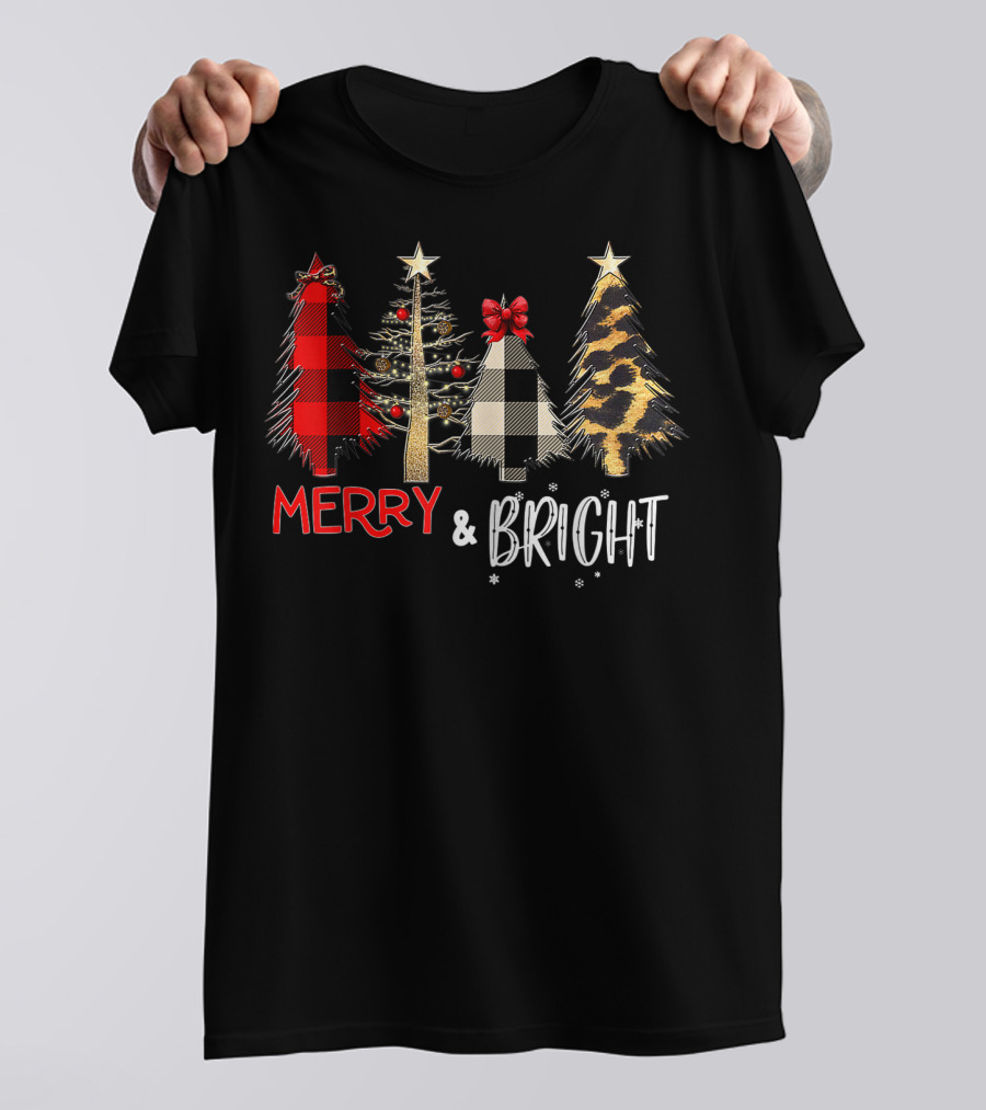 Merry And Bright Christmas Wild Leopard Plaid Trees Xmas T-Shirt