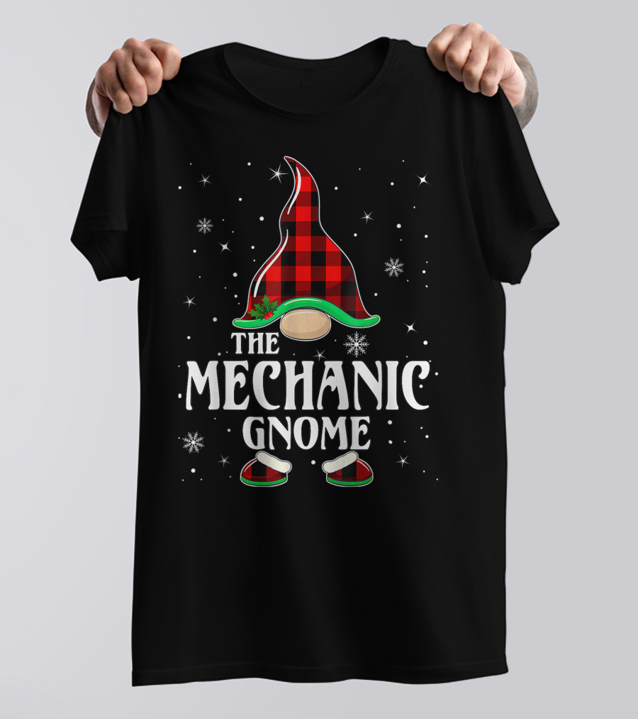 The Mechanic Gnome Buffalo Plaid Christmas Matching Family Holiday Snowflakes T-Shirt