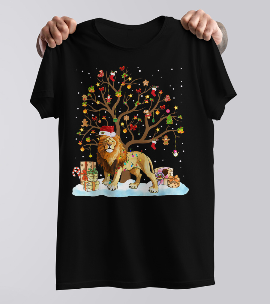 Lion With Christmas Tree Ornaments And Gifts T-Shirt
