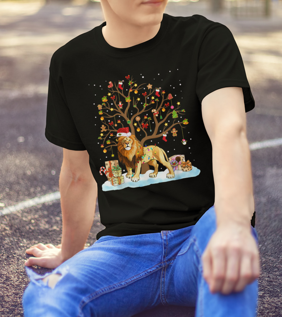 Lion With Christmas Tree Ornaments And Gifts T-Shirt
