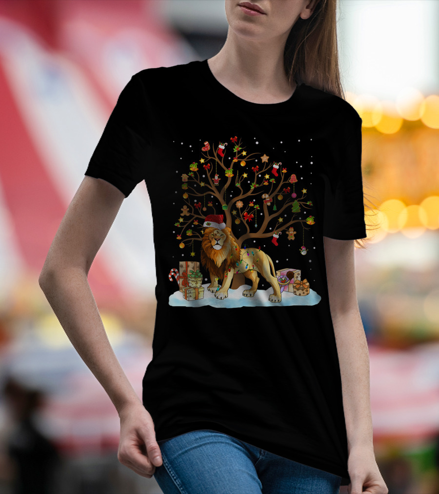 Lion With Christmas Tree Ornaments And Gifts T-Shirt