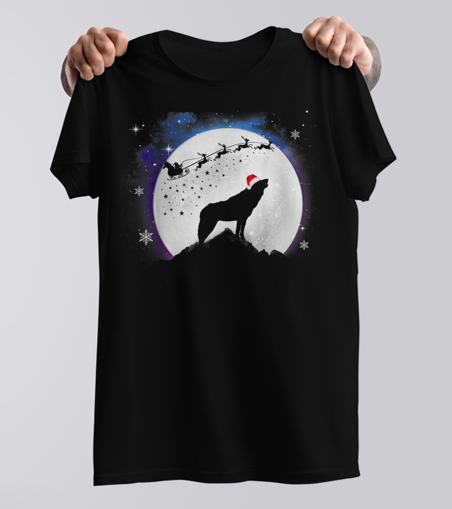 Wolf Santa Hat Full Moon Christmas Night T-Shirt