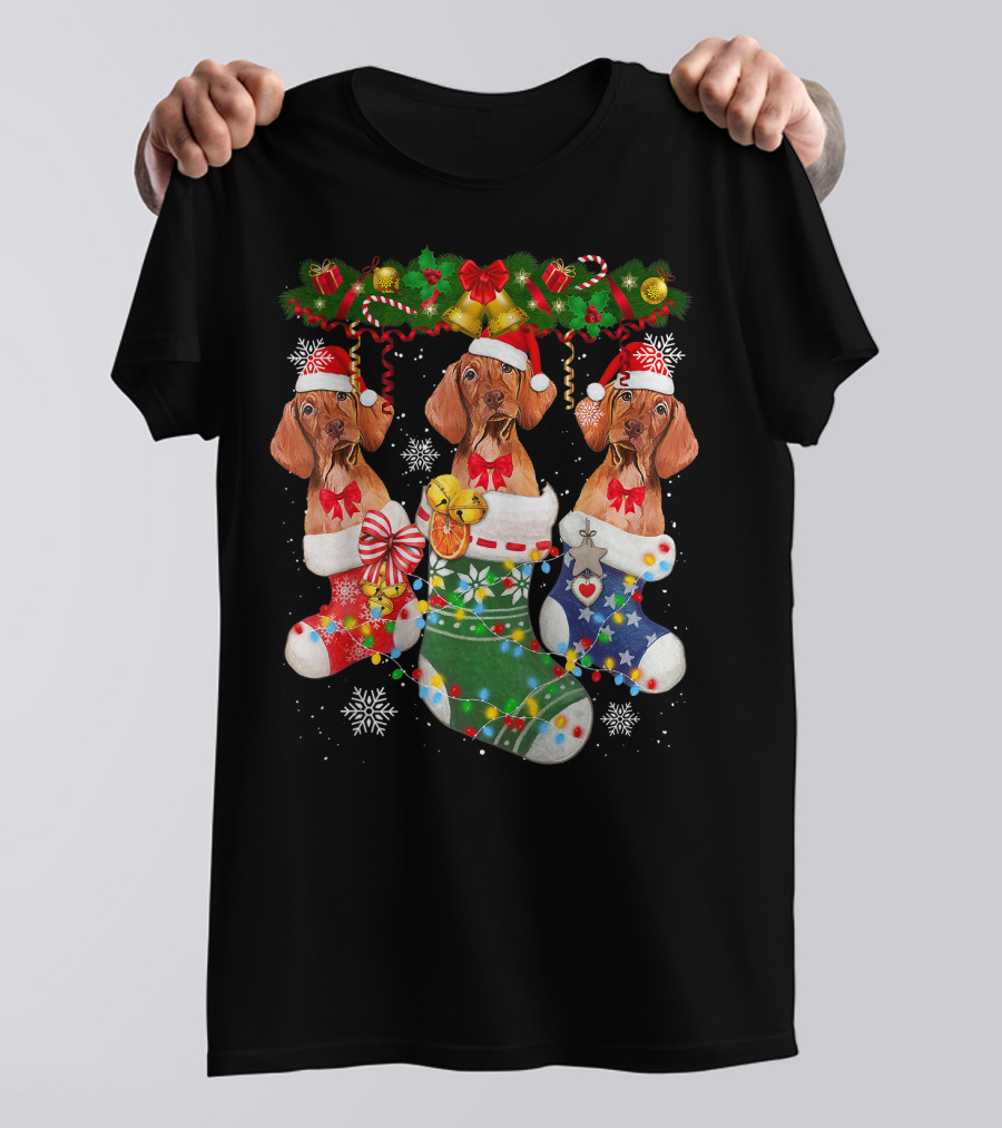 Vizsla Dogs In Christmas Stockings With Santa Hats And Holiday Decorations T-Shirt