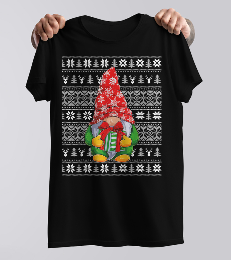 Ugly Christmas Sweater Gnome Holding Gifts With Snowflake Hat T-Shirt