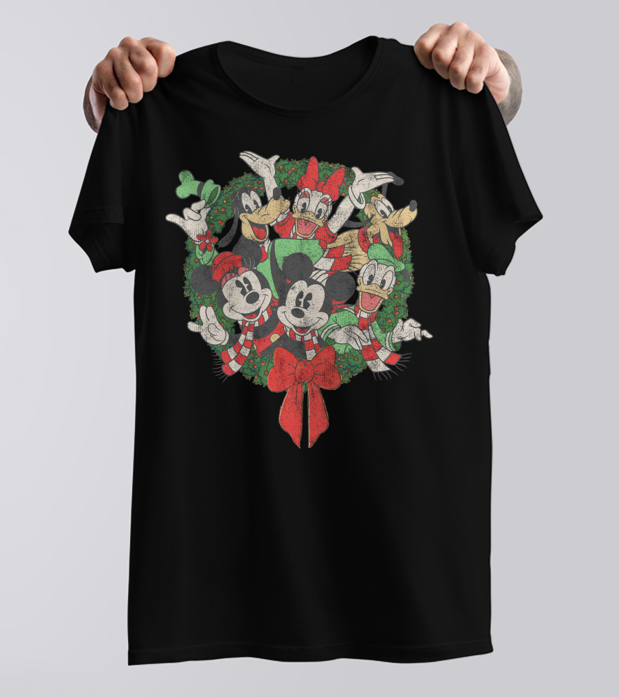 Disney Christmas Characters In Festive Wreath With Mickey, Minnie, Donald, Daisy, Goofy, Pluto T-Shirt