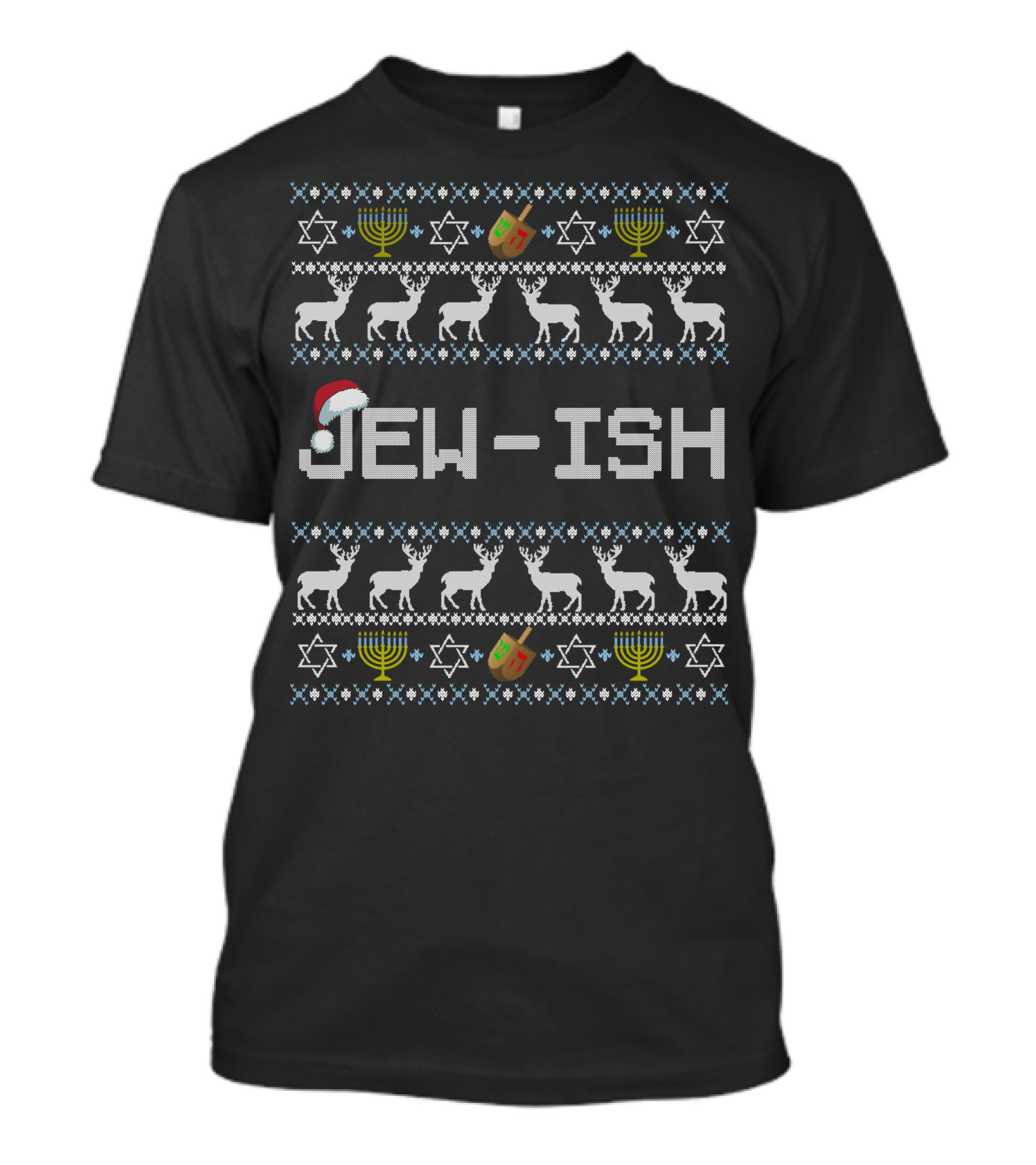 Jew-Ish Hanukkah Santa Hat Dreidel Menorah Stars T-Shirt