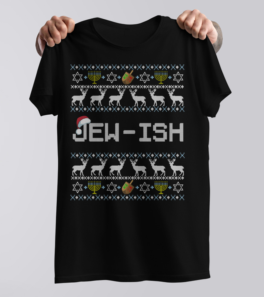 Jew-Ish Hanukkah Santa Hat Dreidel Menorah Stars T-Shirt