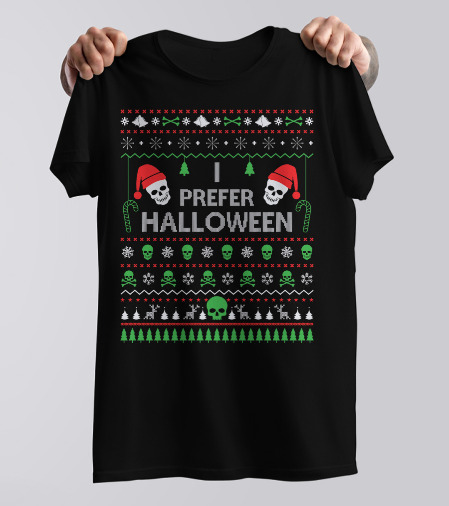 I Prefer Halloween Best Skull Santa Ugly Christmas T-Shirt