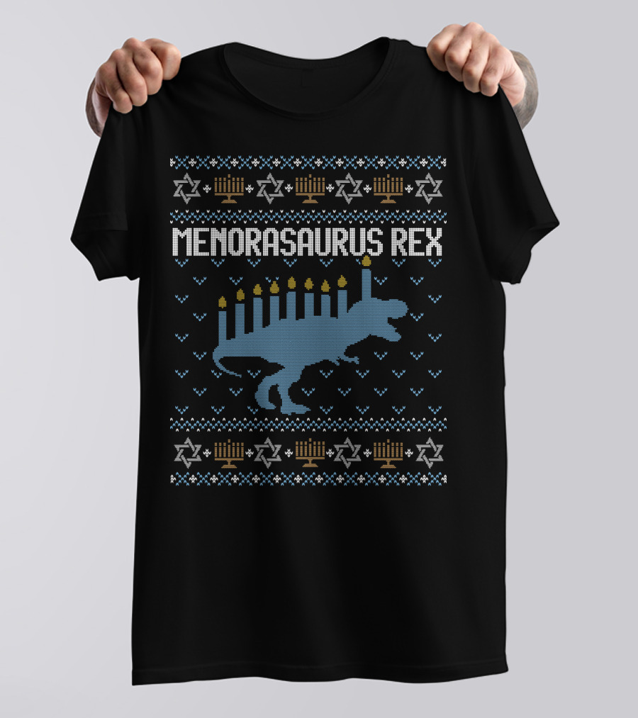 Menorasaurus Rex Hanukkah T-Rex Menorah Candles Star T-Shirt