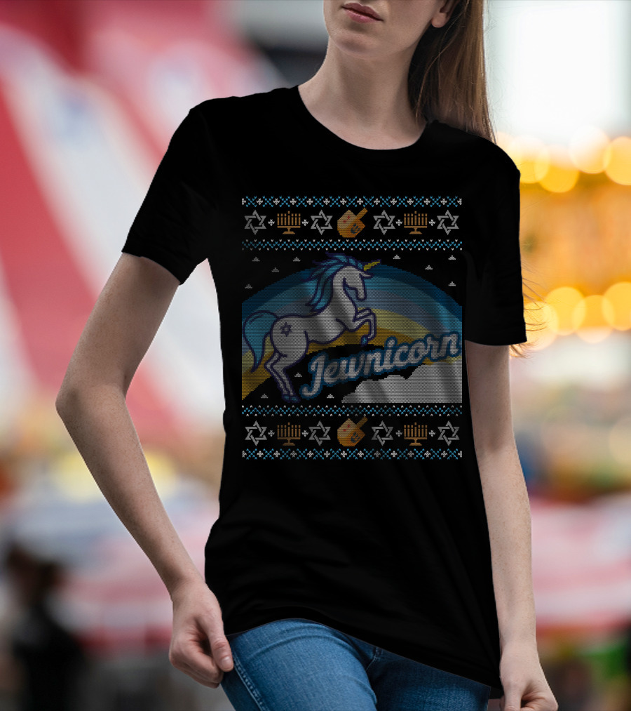 Jewnicorn Hanukkah Festive Unicorn With Menorah And Dreidel T-Shirt