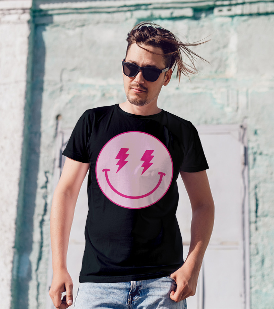 Lightning Bolt Smiley Face Pink Circle T-Shirt