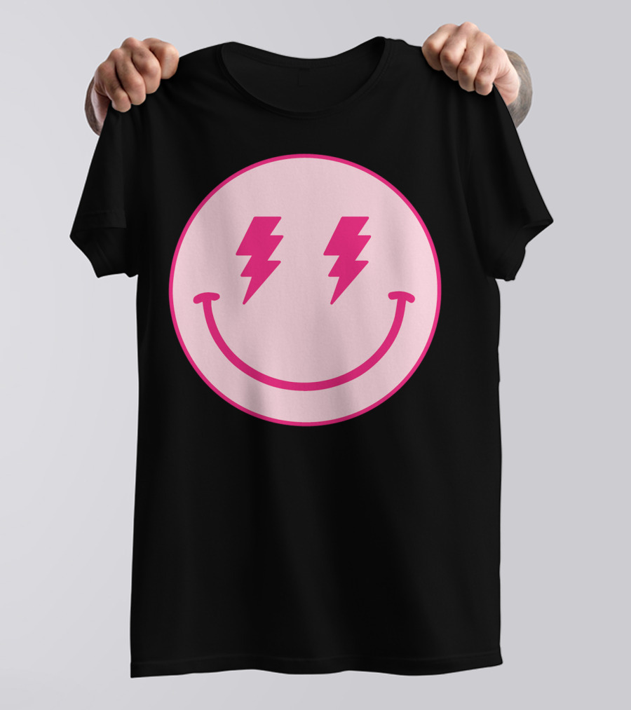 Lightning Bolt Smiley Face Pink Circle T-Shirt