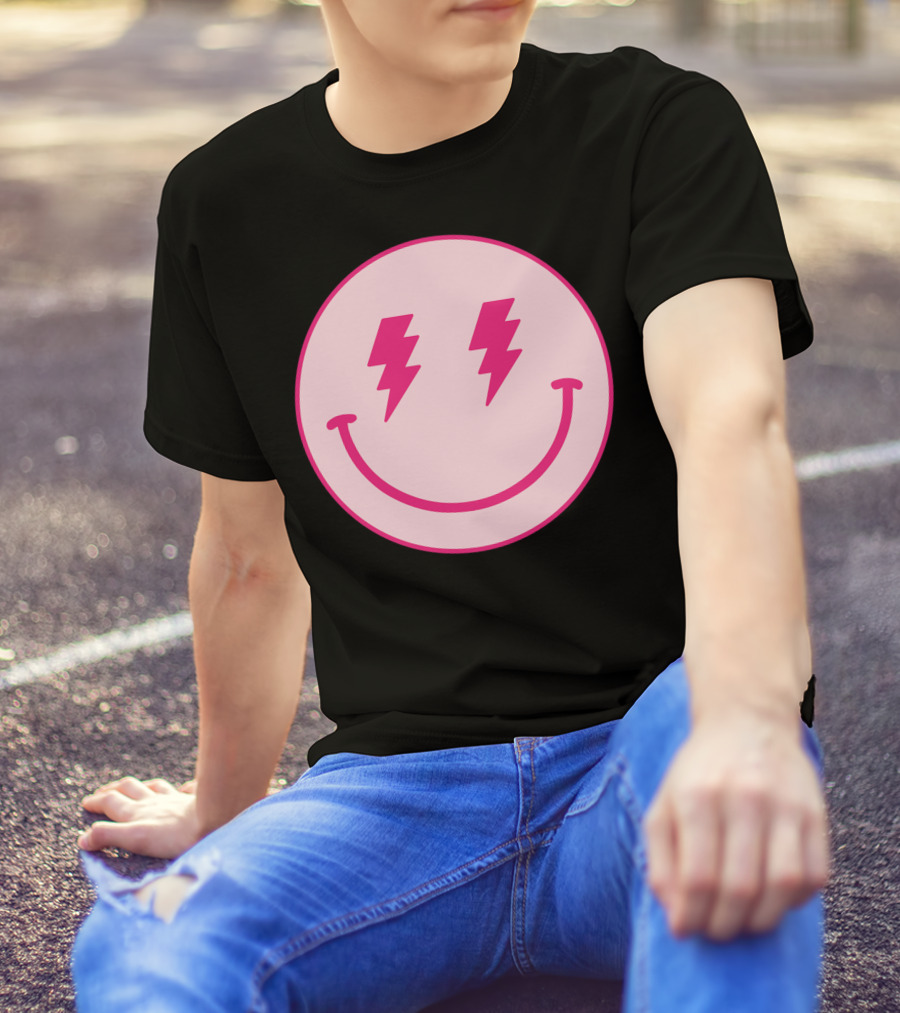 Lightning Bolt Smiley Face Pink Circle T-Shirt