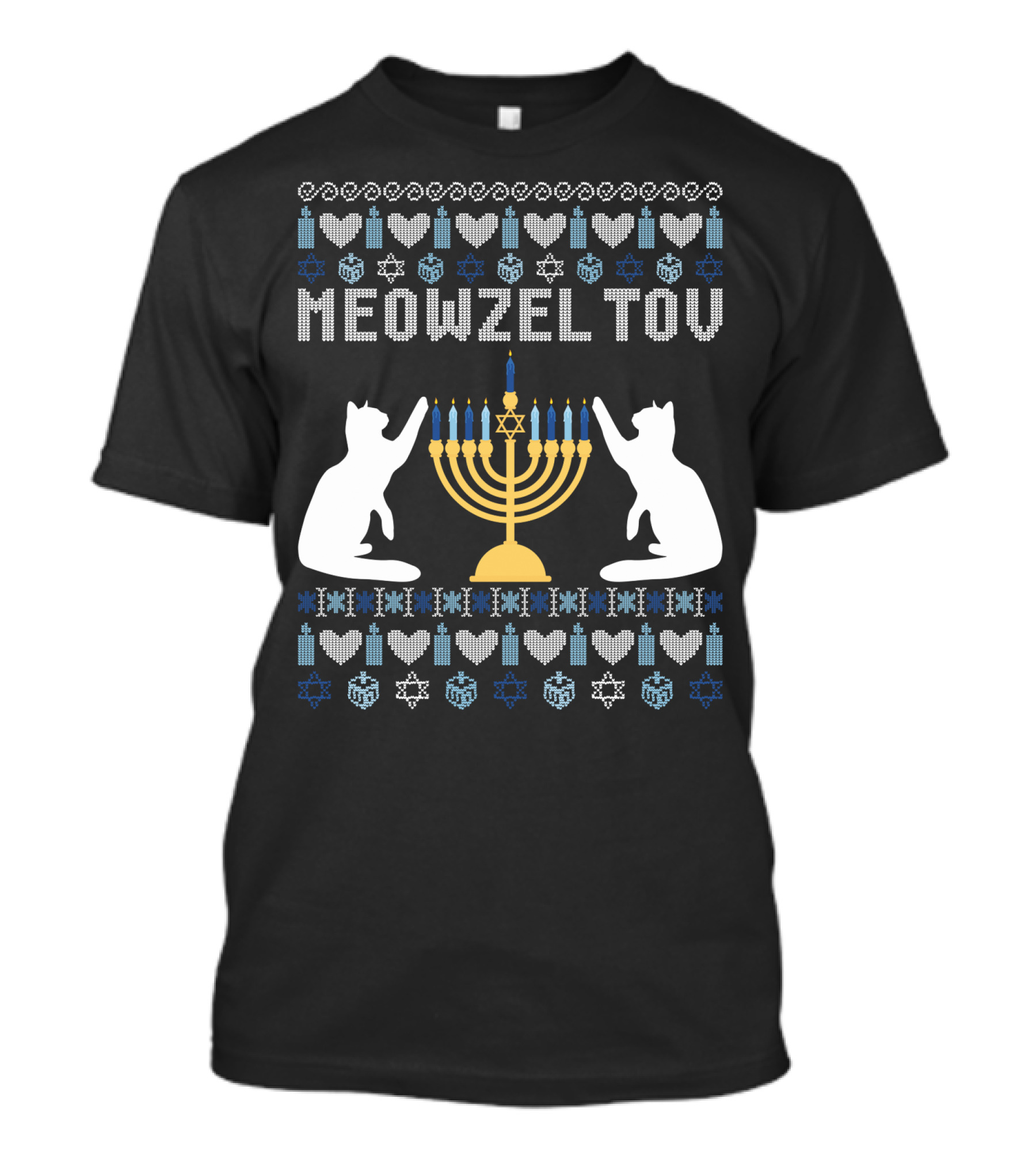 Meowzel Tov Chanukah Cats Menorah Stars Hearts Dreidels T-Shirt