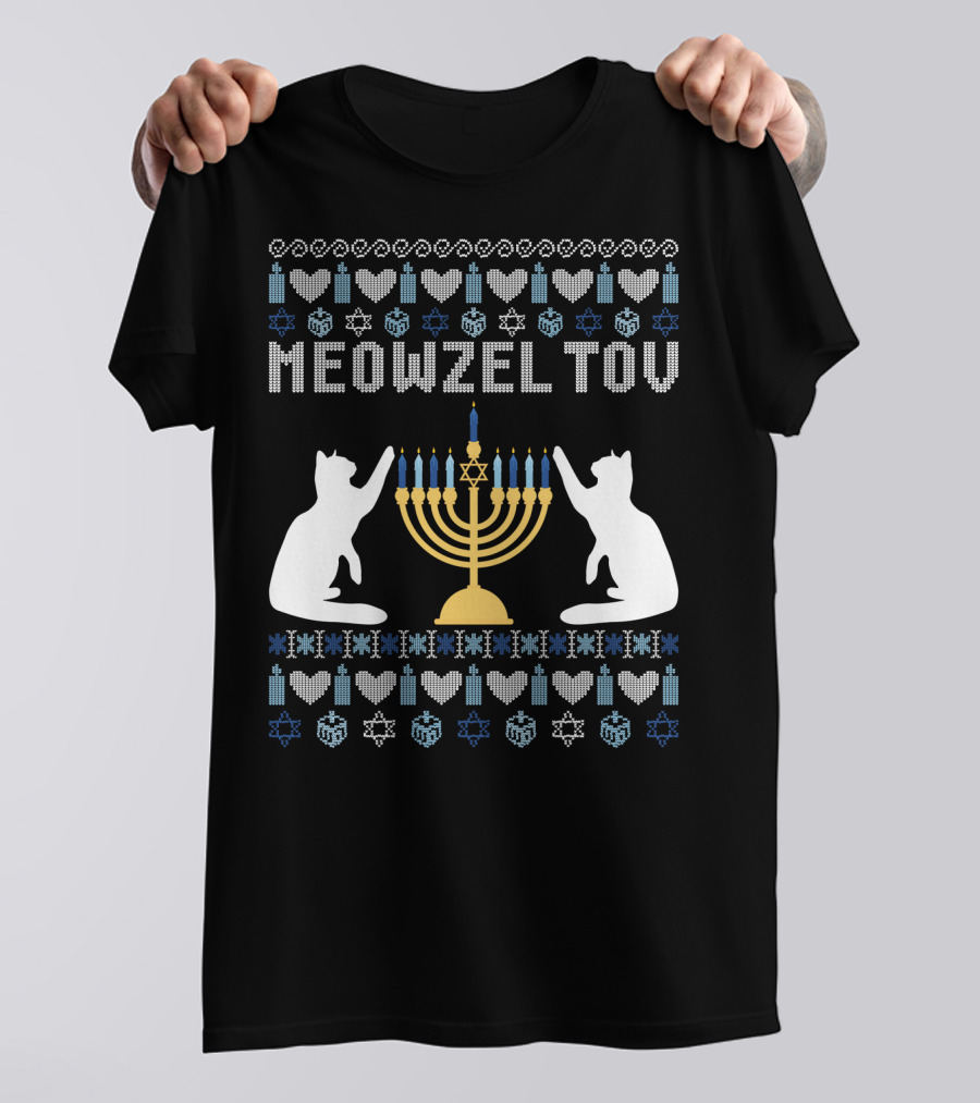 Meowzel Tov Chanukah Cats Menorah Stars Hearts Dreidels T-Shirt