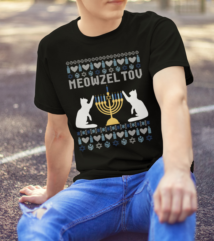 Meowzel Tov Chanukah Cats Menorah Stars Hearts Dreidels T-Shirt