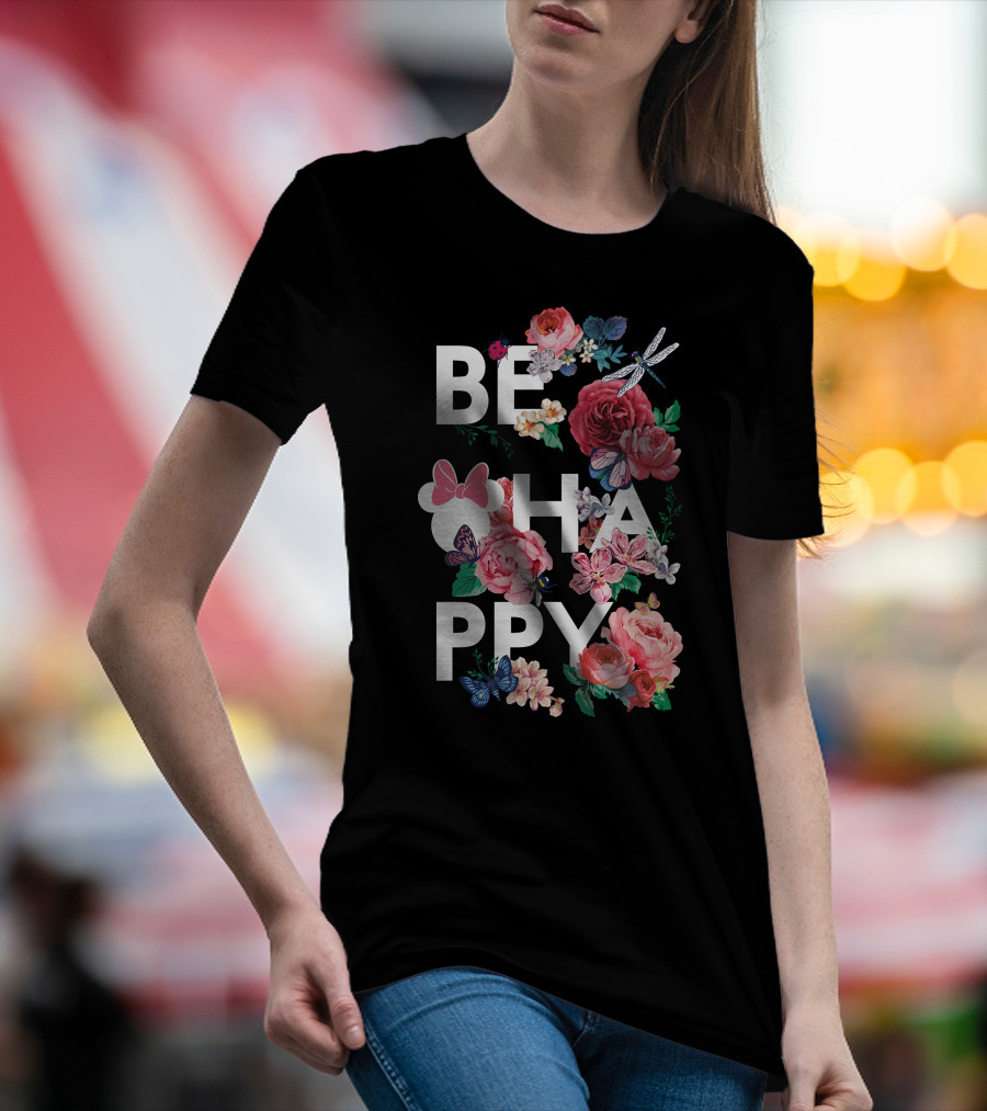 BE HAPPY Floral Minnie Mouse Butterflies And Dragonflies T-Shirt