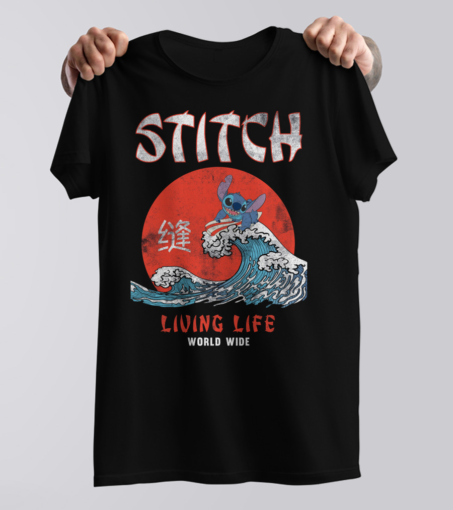 Stitch Living Life World Wide Wave Red Japanese Character T-Shirt