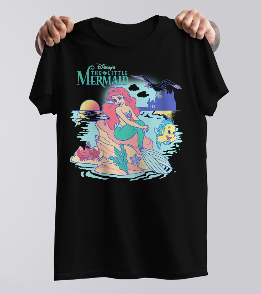 Disney's The Little Mermaid Ariel With Flounder And Sebastian By Castle At Sunset T-Shirt