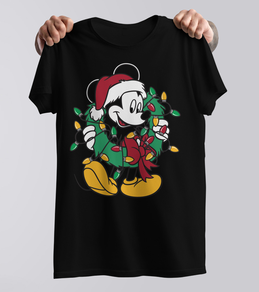 Disney Mickey Mouse Christmas Wreath Lights Santa Hat Holiday Decor T-Shirt