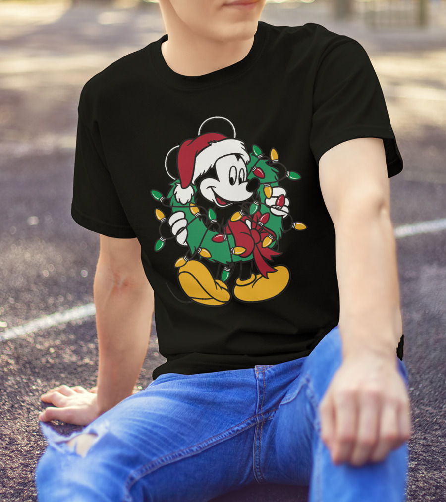 Disney Mickey Mouse Christmas Wreath Lights Santa Hat Holiday Decor T-Shirt