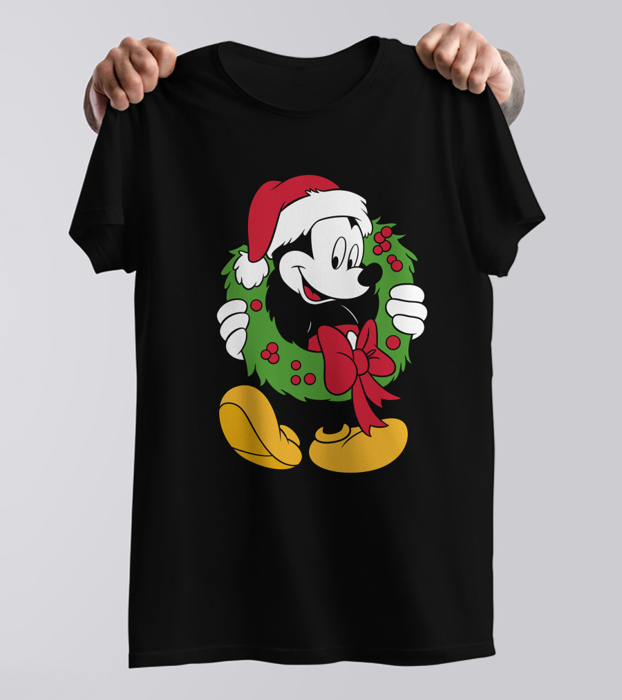 Disney Mickey Mouse Christmas Santa Hat Wreath Bow T-Shirt