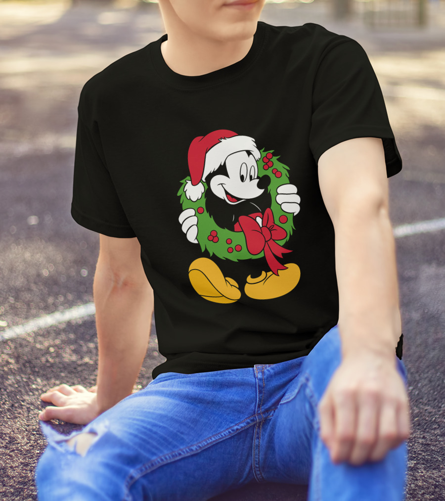Disney Mickey Mouse Christmas Santa Hat Wreath Bow T-Shirt