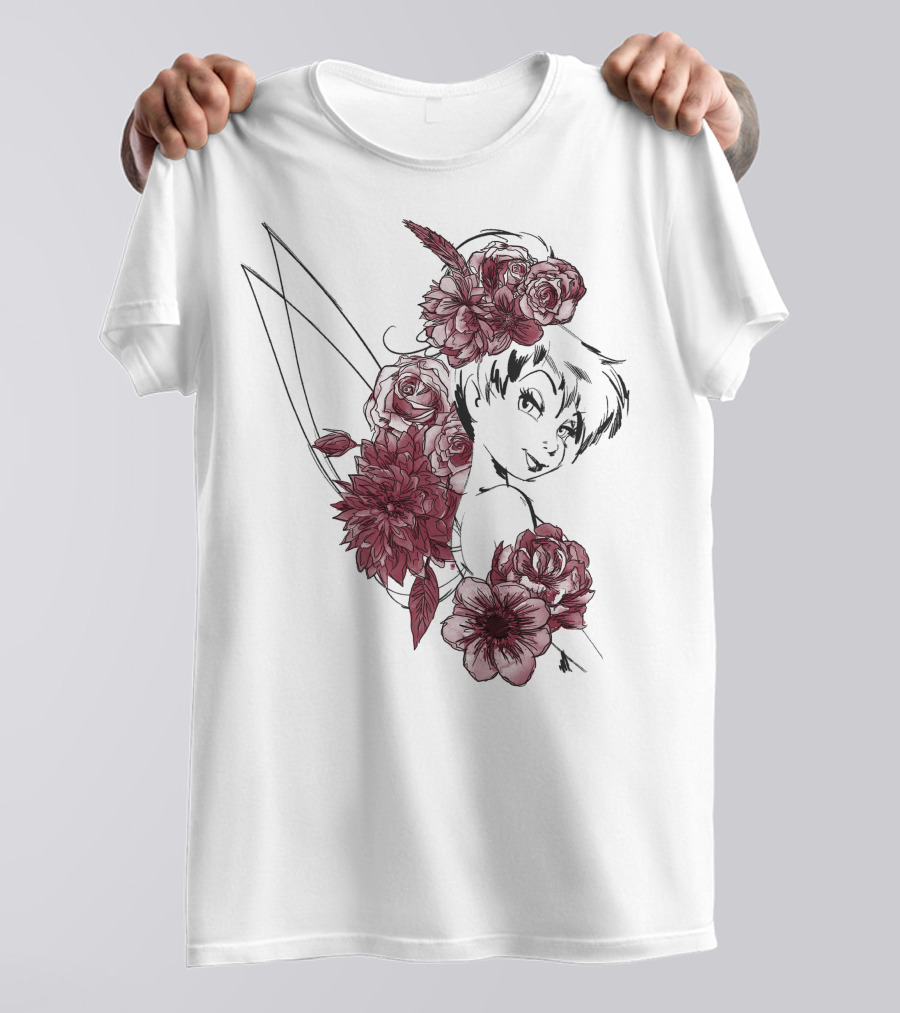 Disney Peter Pan Tinkerbell Red Floral Outline T-Shirt