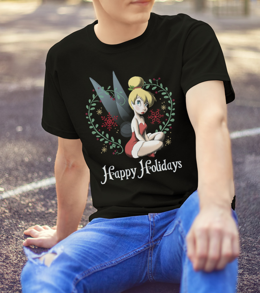 Disney Peter Pan Tinkerbell Happy Holidays Christmas Snowflakes T-Shirt
