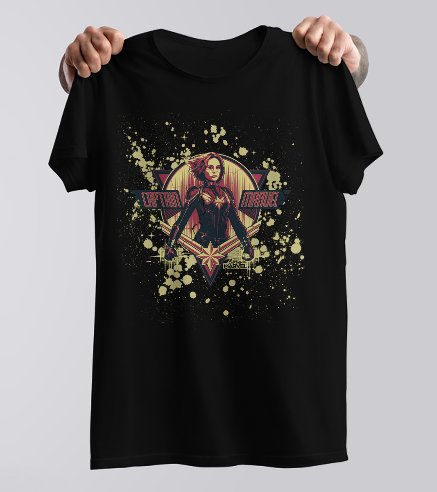Captain Marvel Cracked Paint Splatter Retro Starburst T-Shirt
