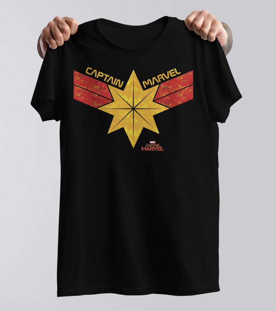 Captain Marvel Distressed Star Emblem With Red Ribbons T-Shirt
