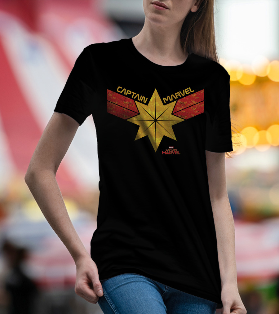 Captain Marvel Distressed Star Emblem With Red Ribbons T-Shirt