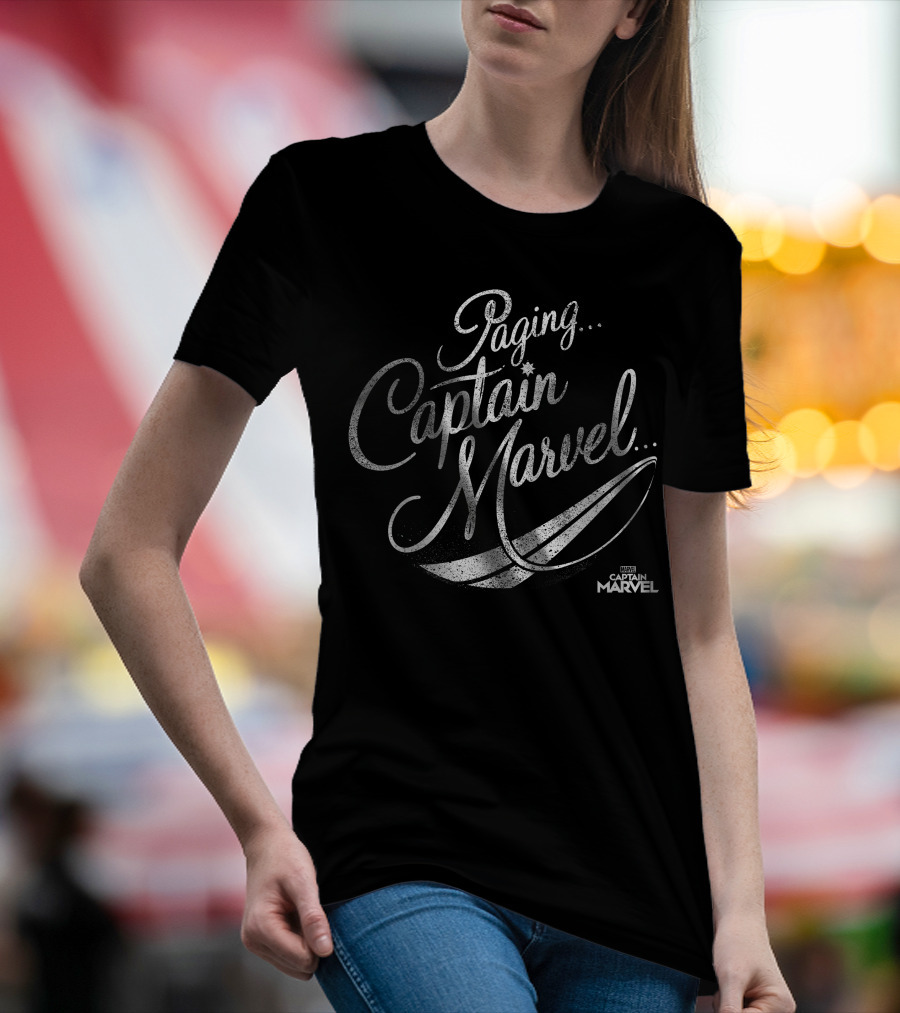 Paging Captain Marvel Distressed Cursive Marvel T-Shirt