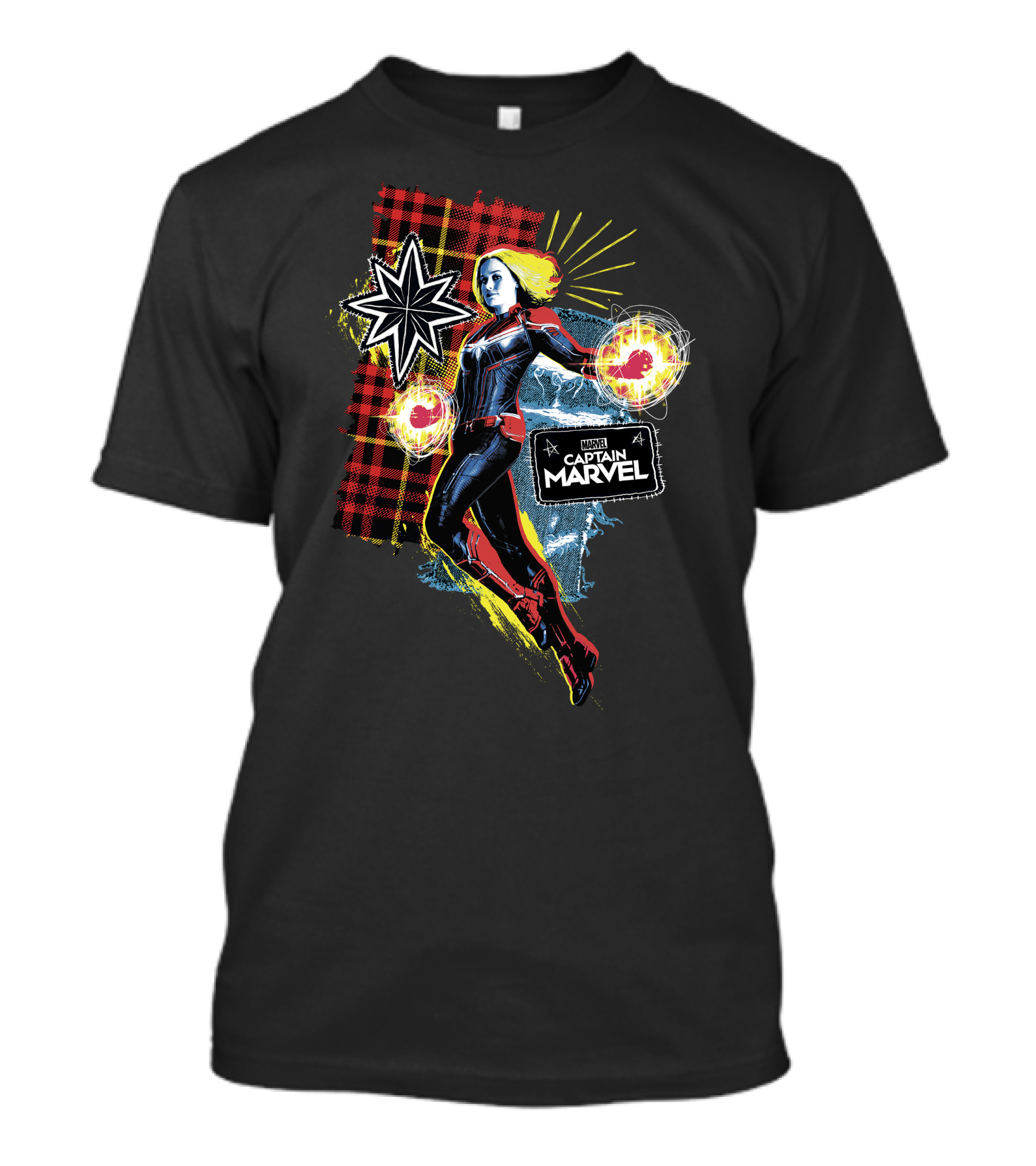 Captain Marvel Starburst Plaid Jean Patch Marvel Comics Hero T-Shirt