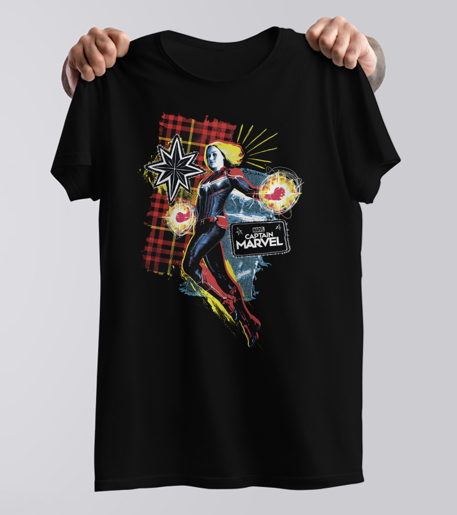 Captain Marvel Starburst Plaid Jean Patch Marvel Comics Hero T-Shirt