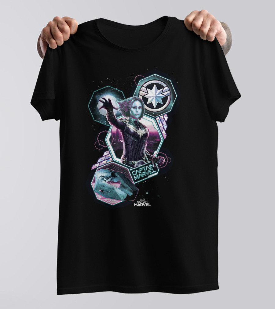 Captain Marvel Cosmic Starburst And Hexagonal Elements T-Shirt