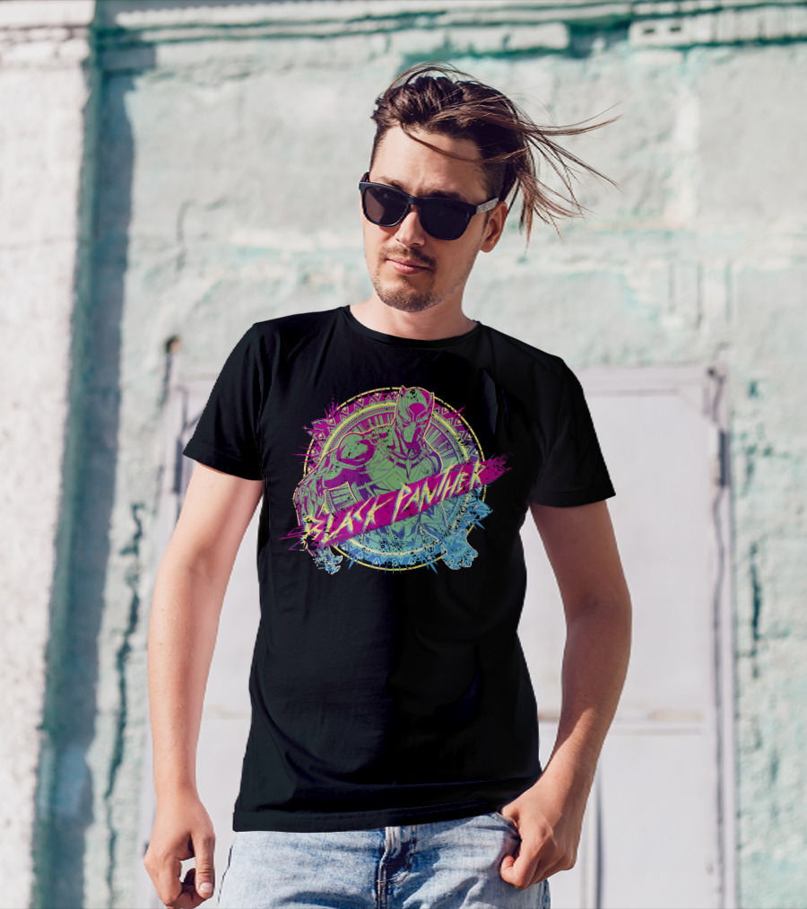 Black Panther Neon Paint Splatter Marvel Text T-Shirt