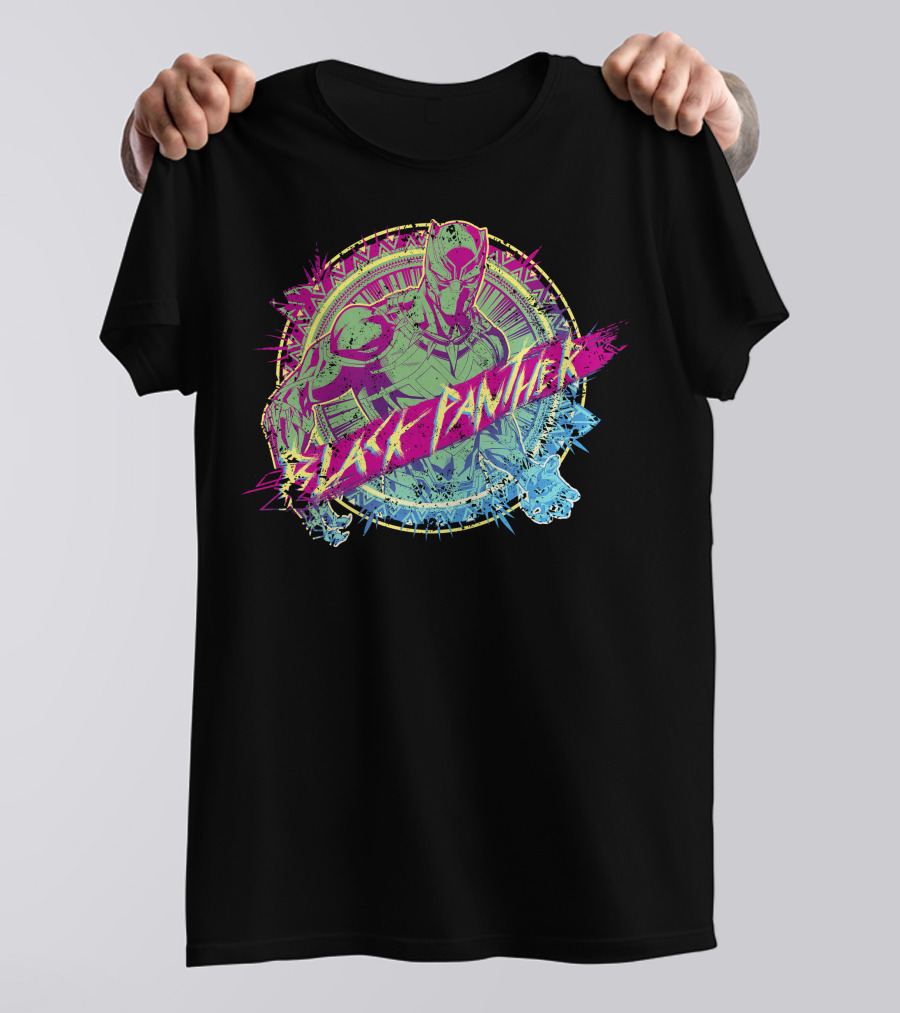 Black Panther Neon Paint Splatter Marvel Text T-Shirt