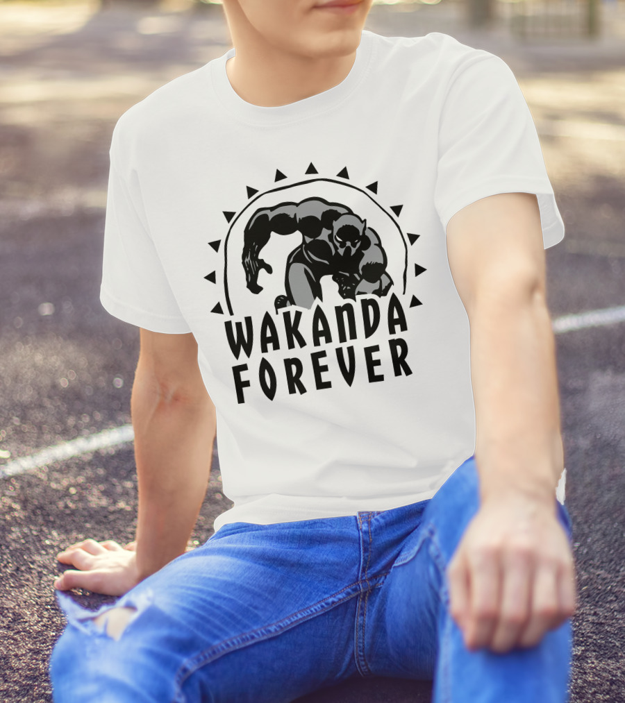 Marvel Black Panther Wakanda Forever Sun Triangles Hero Pose T-Shirt