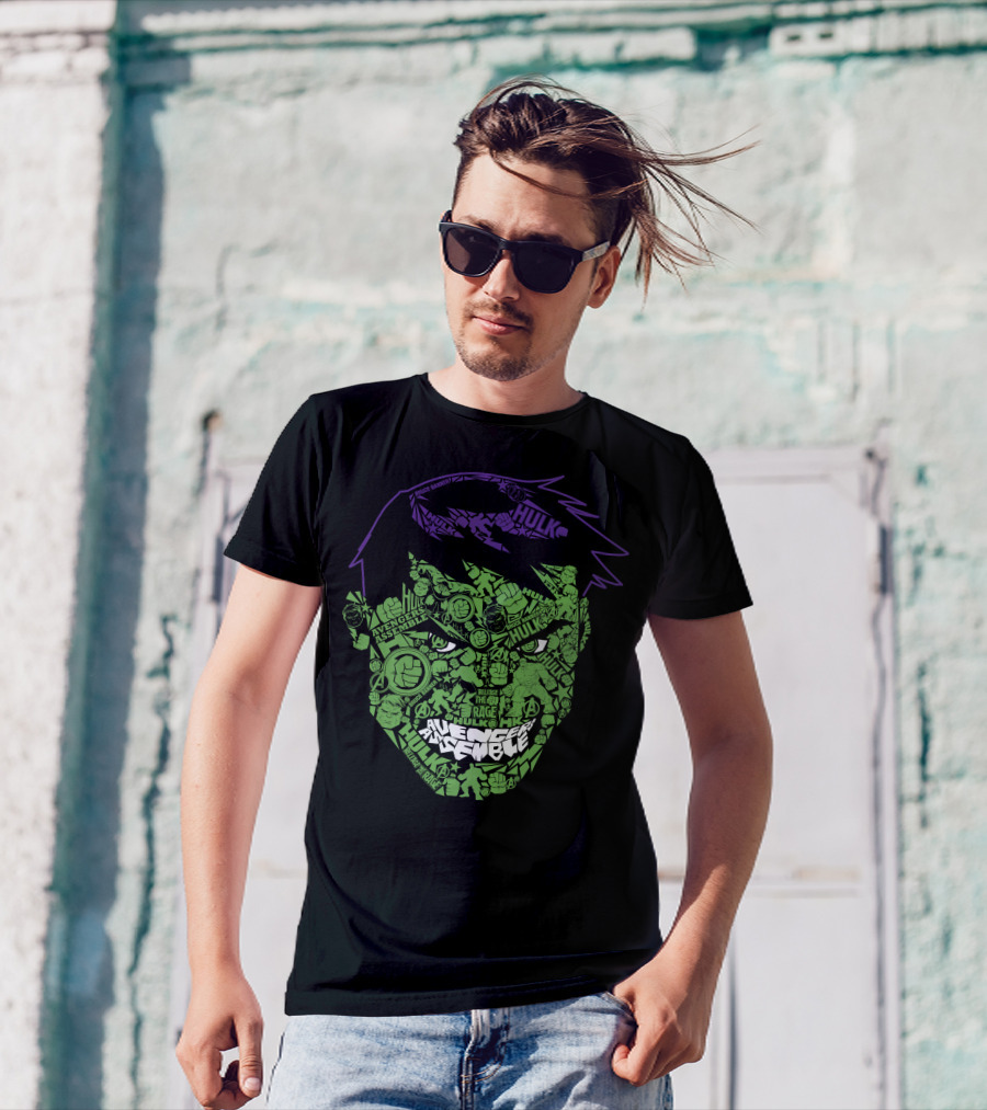 Avengers Assemble Hulk Rage Face With Smash Symbol And Purple Hair Elements T-Shirt