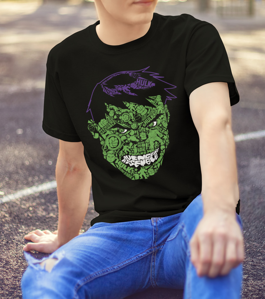 Avengers Assemble Hulk Rage Face With Smash Symbol And Purple Hair Elements T-Shirt