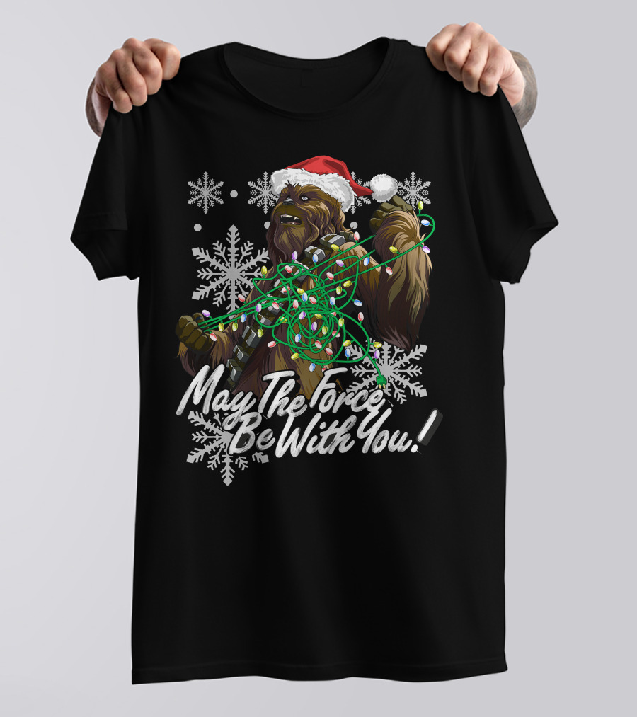 May The Force Be With You Chewbacca Santa Hat Tangled Lights Snowflakes T-Shirt