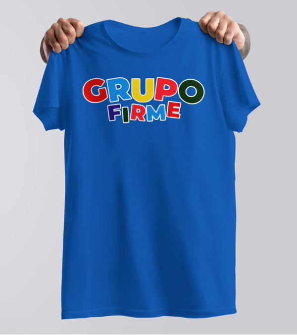 GRUPO FIRME Merch Bold Colorful Text On Blue T-Shirt