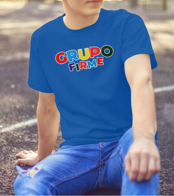GRUPO FIRME Merch Bold Colorful Text On Blue T-Shirt