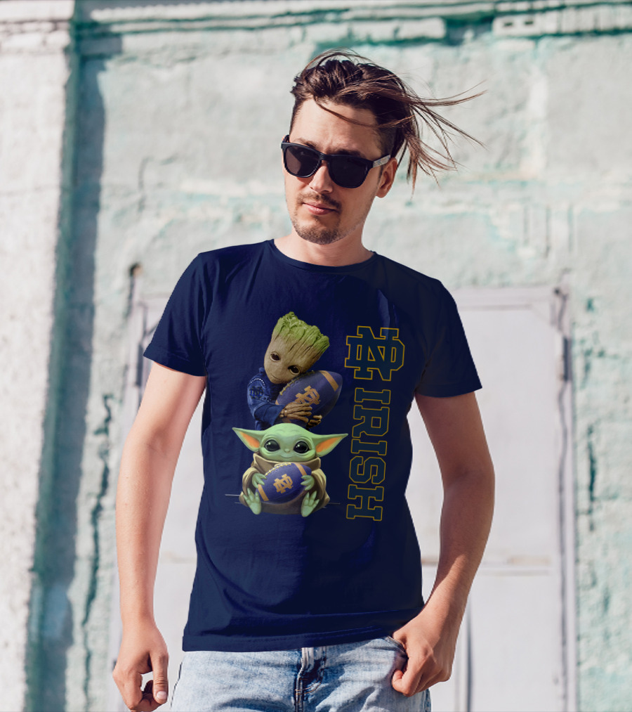 Notre Dame Irish Baby Groot And Baby Yoda Football T-Shirt