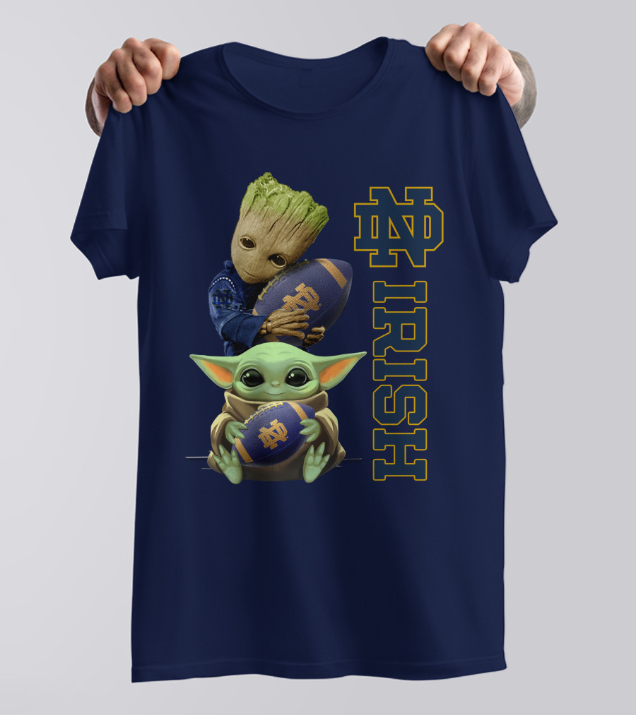 Notre Dame Irish Baby Groot And Baby Yoda Football T-Shirt