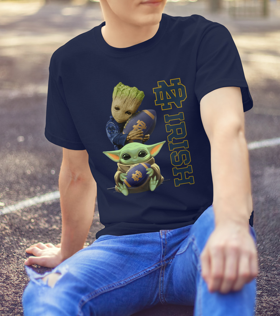 Notre Dame Irish Baby Groot And Baby Yoda Football T-Shirt